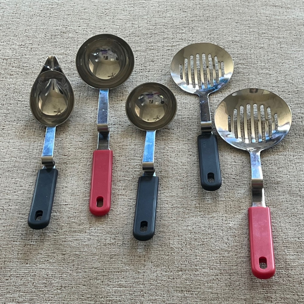 Stainless Steel Pot Hook Kitchen‎ Utensil Set 5pc Ladle Slotted Spoons Red Black